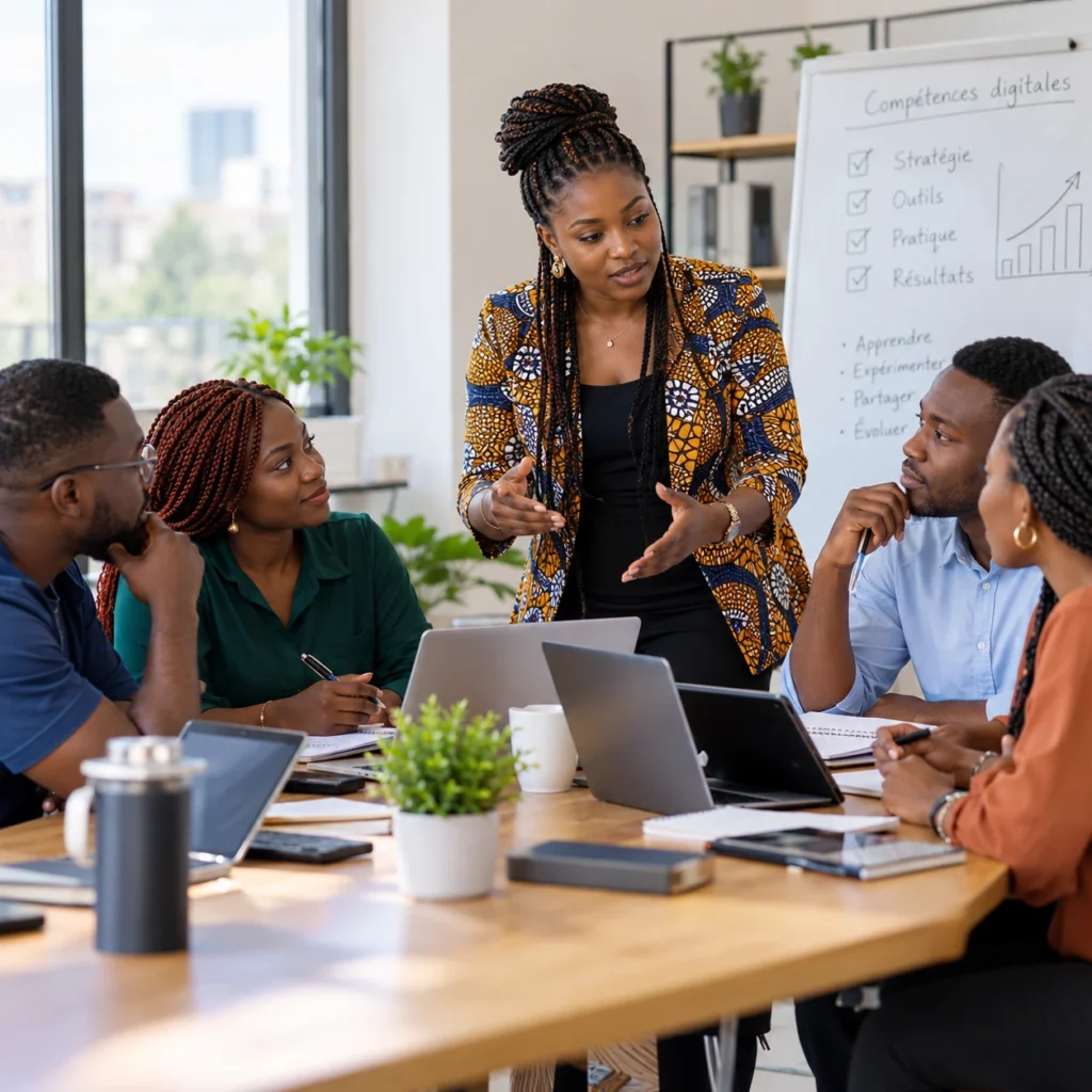 Formatrice animant un atelier sur les compétences digitales avec une équipe autour d’une table.